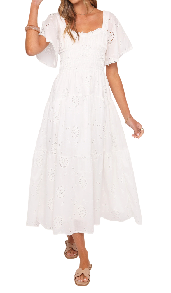 R.Vivimos Womens Summer Cotton Short Sleeve Square Neck Eyelet Embroidery Elastic Waist Casual A-Line Tiered Flowy Midi Dress