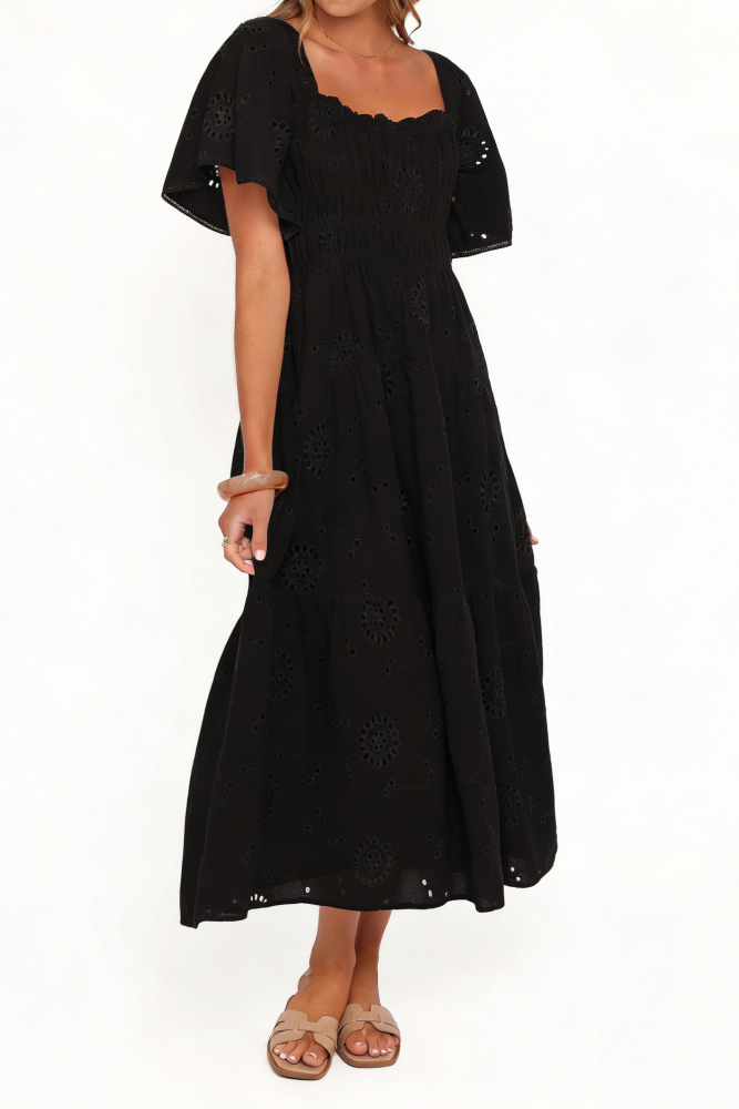 R.Vivimos Womens Summer Cotton Short Sleeve Square Neck Eyelet Embroidery Elastic Waist Casual A-Line Tiered Flowy Midi Dress