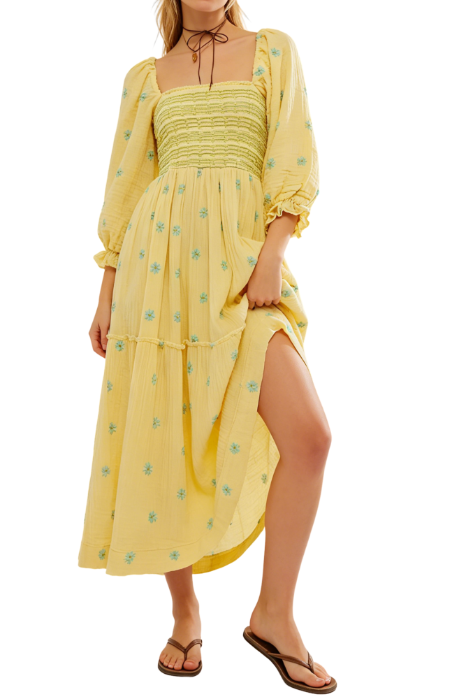 R.Vivimos Women's Long Sleeve Cotton Boho Midi Dress Vintage Square Neck Floral Embroidered Tiered Ruffle Flowy Pockets Dress