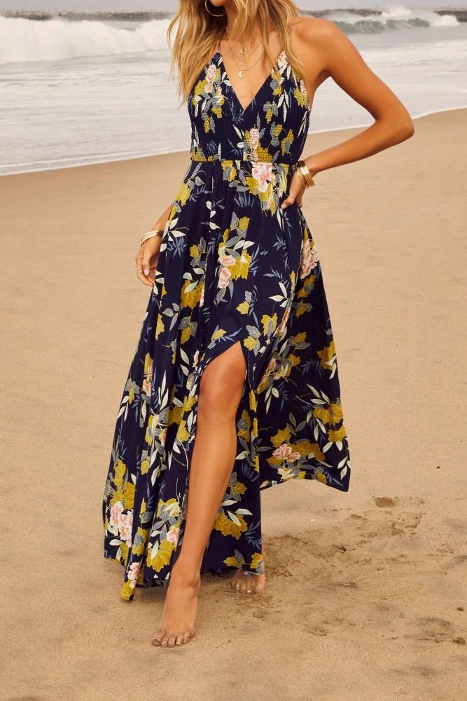 R.Vivimos Summer Maxi Halter Dresses for Women 2026 V Neck Smocked Boho Floral Print Flowy Slit Vacation Beach Long Sundress