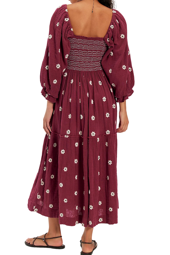 R.Vivimos Women's Long Sleeve Cotton Boho Midi Dress Vintage Square Neck Floral Embroidered Tiered Ruffle Flowy Pockets Dress