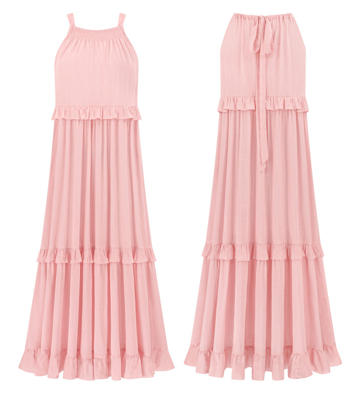 R.Vivimos Womens Summer Dress Cotton Sleeveless Halter Layered Ruffles Casual Boho Flowy Maxi Dress