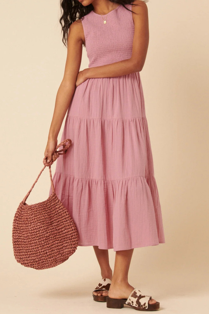 R.Vivimos 2026 Summer Cotton Midi Dresses for Women Casual Sleeveless Smocked A-Line Tiered Flowy Tank Dress with Pockets