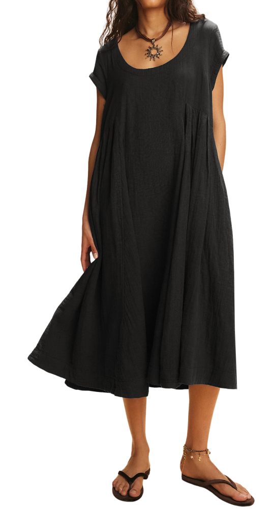 R.Vivimos Women's 2026 Summer Cotton Midi Dress Casual Short Sleeve Loose Flowy Beach Long Dress with Pockets