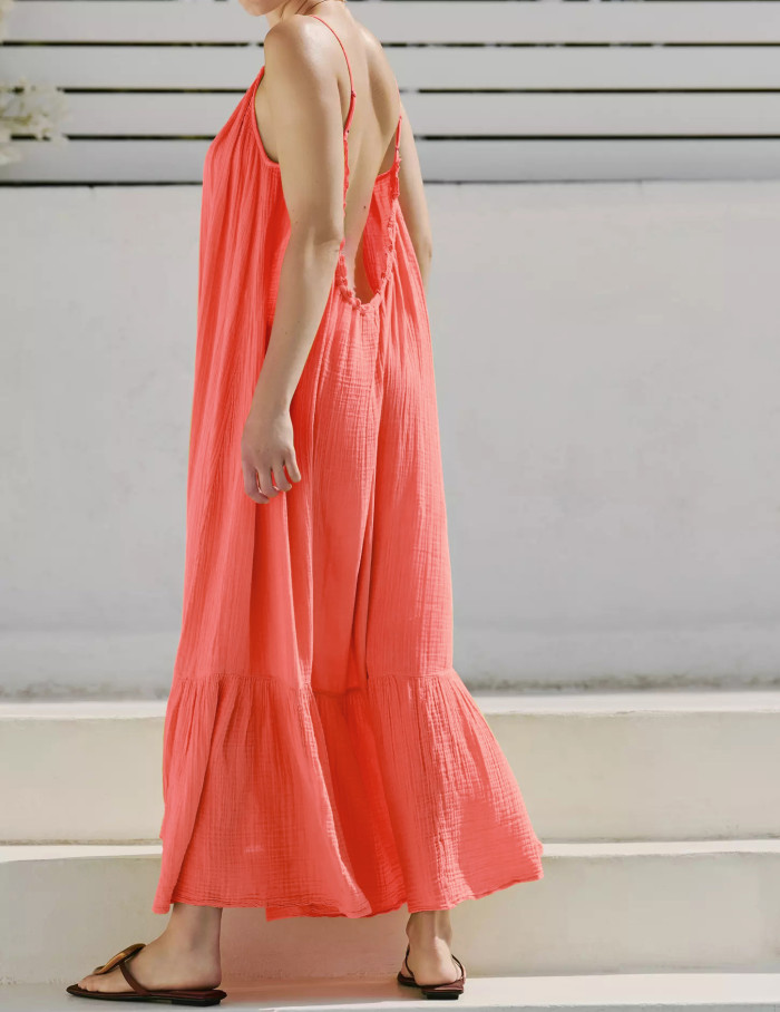 R.Vivimos Women's Summer Cotton Maxi Dress Adjustable Spaghetti Strap Boho Casual Backless Ruffle Loose Fit Flowy Dress