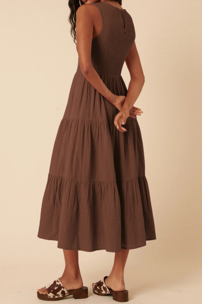 R.Vivimos 2026 Summer Cotton Midi Dresses for Women Casual Sleeveless Smocked A-Line Tiered Flowy Tank Dress with Pockets