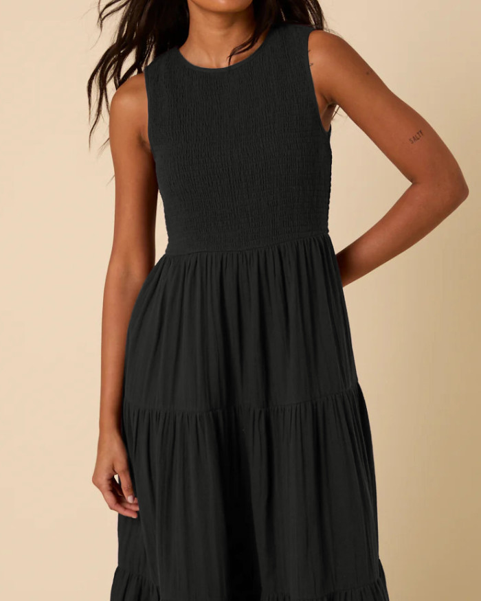 R.Vivimos 2026 Summer Cotton Midi Dresses for Women Casual Sleeveless Smocked A-Line Tiered Flowy Tank Dress with Pockets
