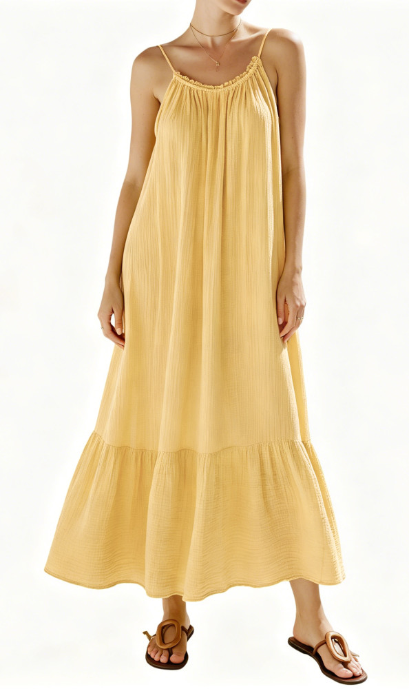 R.Vivimos Women's Summer Cotton Maxi Dress Adjustable Spaghetti Strap Boho Casual Backless Ruffle Loose Fit Flowy Dress