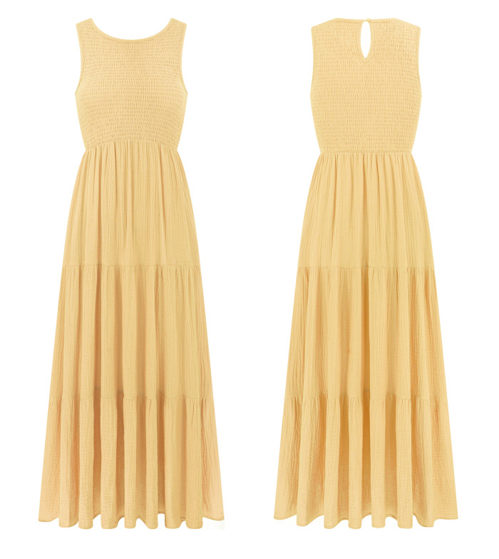 R.Vivimos 2026 Summer Cotton Midi Dresses for Women Casual Sleeveless Smocked A-Line Tiered Flowy Tank Dress with Pockets