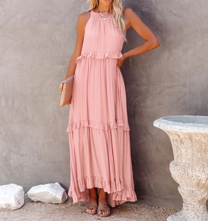 R.Vivimos Womens Summer Dress Cotton Sleeveless Halter Layered Ruffles Casual Boho Flowy Maxi Dress