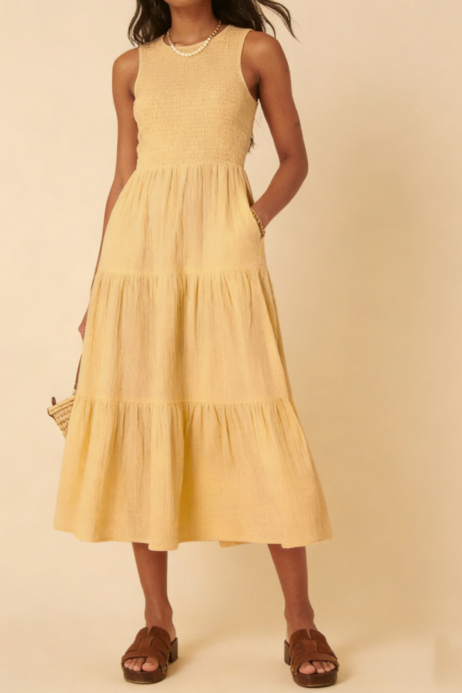 R.Vivimos 2026 Summer Cotton Midi Dresses for Women Casual Sleeveless Smocked A-Line Tiered Flowy Tank Dress with Pockets