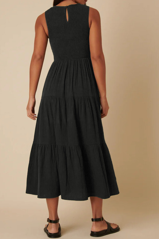R.Vivimos 2026 Summer Cotton Midi Dresses for Women Casual Sleeveless Smocked A-Line Tiered Flowy Tank Dress with Pockets