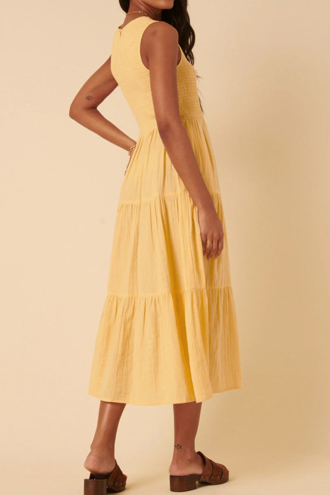 R.Vivimos 2026 Summer Cotton Midi Dresses for Women Casual Sleeveless Smocked A-Line Tiered Flowy Tank Dress with Pockets