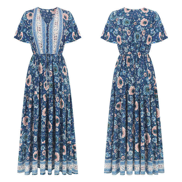 R.Vivimos Womens Summer Floral Print Cotton Short Sleeve Flowy Dress