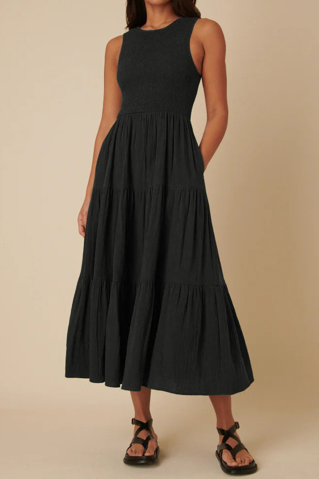 R.Vivimos 2026 Summer Cotton Midi Dresses for Women Casual Sleeveless Smocked A-Line Tiered Flowy Tank Dress with Pockets
