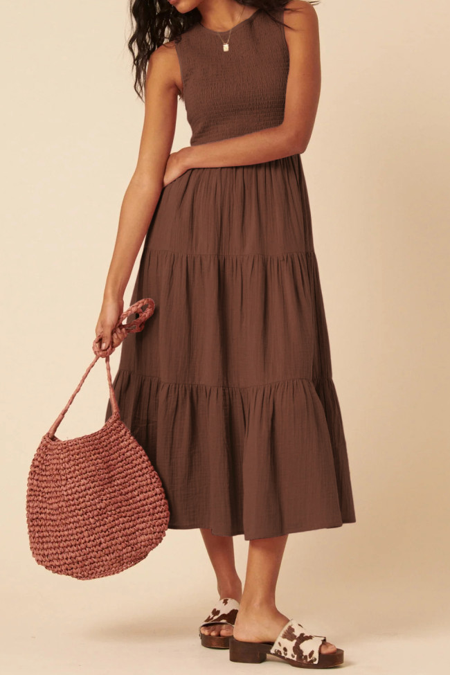 R.Vivimos 2026 Summer Cotton Midi Dresses for Women Casual Sleeveless Smocked A-Line Tiered Flowy Tank Dress with Pockets