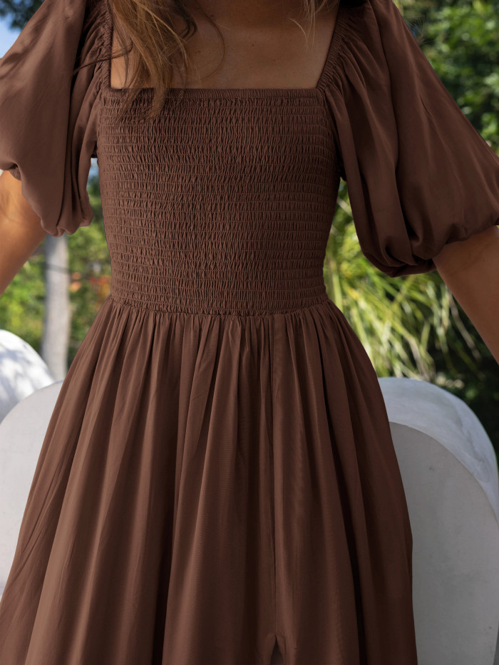 R.Vivimos Summer Boho Maxi Dresses for Women 2026 Puff Sleeve Square Neck Smocked Casual Slit Flowy Long Dress with Pockets