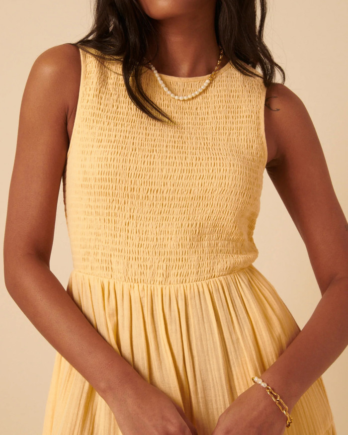 R.Vivimos 2026 Summer Cotton Midi Dresses for Women Casual Sleeveless Smocked A-Line Tiered Flowy Tank Dress with Pockets