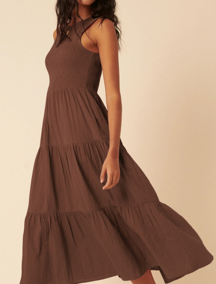 R.Vivimos 2026 Summer Cotton Midi Dresses for Women Casual Sleeveless Smocked A-Line Tiered Flowy Tank Dress with Pockets