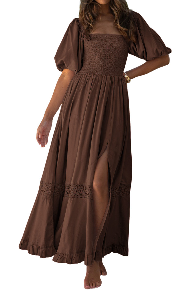 R.Vivimos Summer Boho Maxi Dresses for Women 2026 Puff Sleeve Square Neck Smocked Casual Slit Flowy Long Dress with Pockets