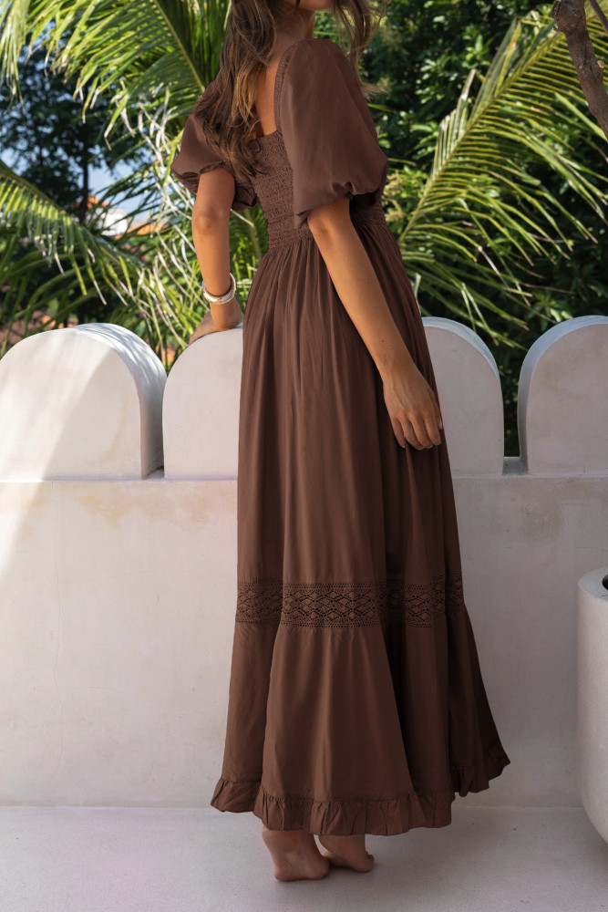 R.Vivimos Summer Boho Maxi Dresses for Women 2026 Puff Sleeve Square Neck Smocked Casual Slit Flowy Long Dress with Pockets