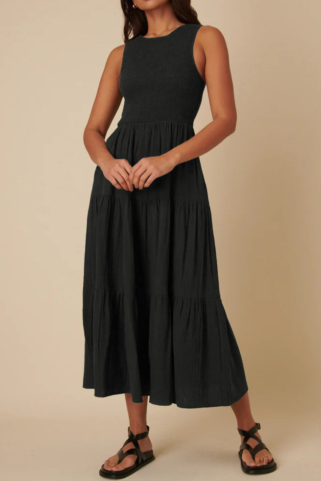 R.Vivimos 2026 Summer Cotton Midi Dresses for Women Casual Sleeveless Smocked A-Line Tiered Flowy Tank Dress with Pockets