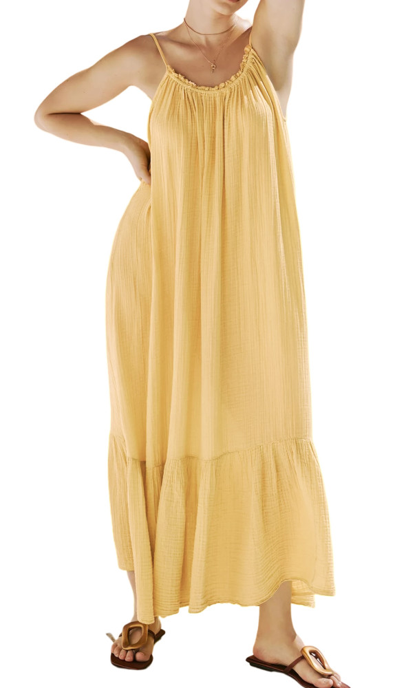 R.Vivimos Women's Summer Cotton Maxi Dress Adjustable Spaghetti Strap Boho Casual Backless Ruffle Loose Fit Flowy Dress