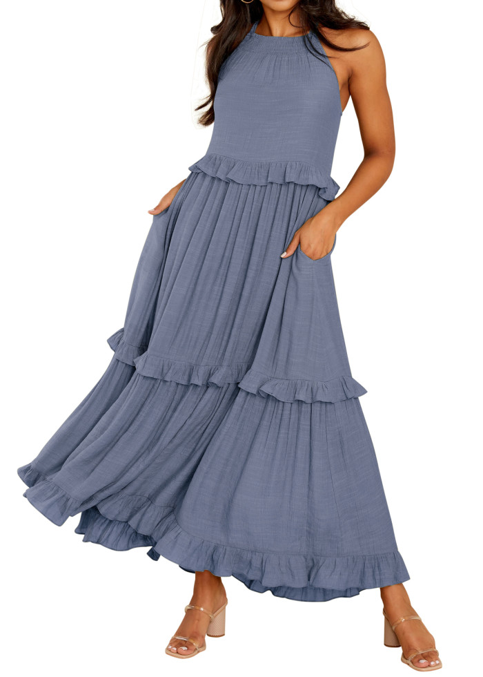R.Vivimos Womens Summer Dress Cotton Sleeveless Halter Layered Ruffles Casual Boho Flowy Maxi Dress