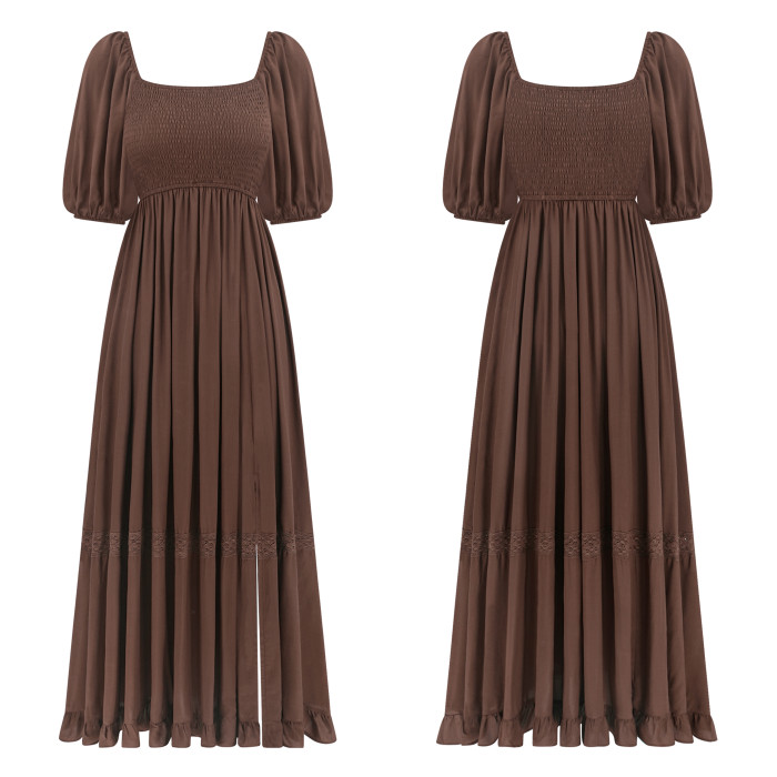 R.Vivimos Summer Boho Maxi Dresses for Women 2026 Puff Sleeve Square Neck Smocked Casual Slit Flowy Long Dress with Pockets