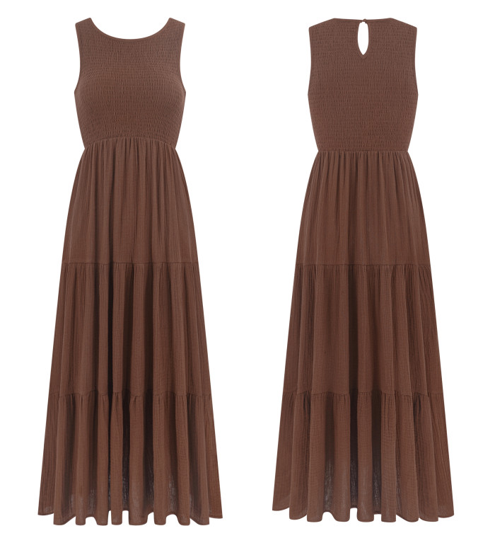 R.Vivimos 2026 Summer Cotton Midi Dresses for Women Casual Sleeveless Smocked A-Line Tiered Flowy Tank Dress with Pockets