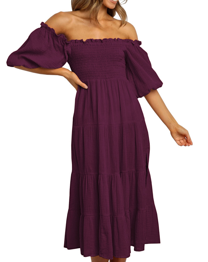 R.Vivimos Women's Summer Linen Lantern Sleeves Ruffled Off Shoulder A-Line Midi Dresses