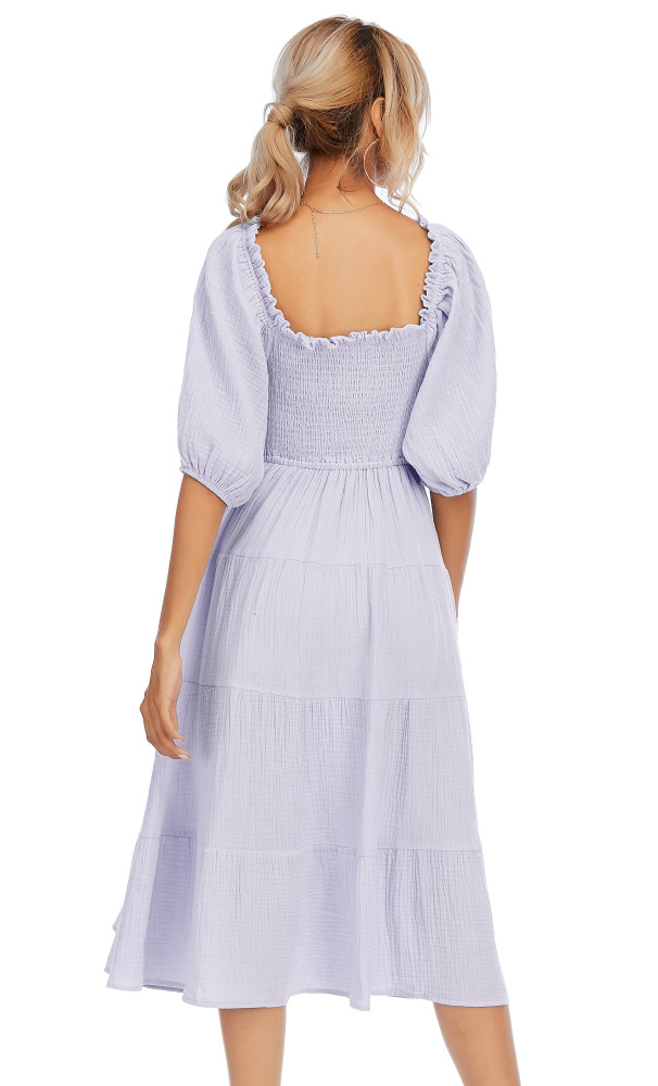 R.Vivimos Women's Summer Linen Lantern Sleeves Ruffled Off Shoulder A-Line Midi Dresses
