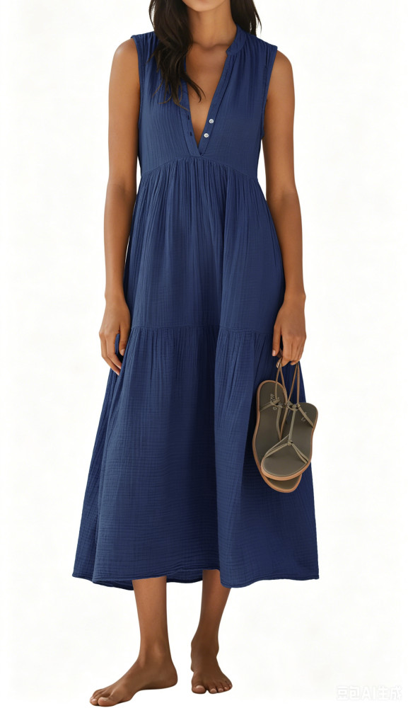 R.Vivimos 2026 Summer Cotton Maxi Dresses for Women Casual Sleeveless Button V Neck Tiered Loose Flowy Beach Long Dress