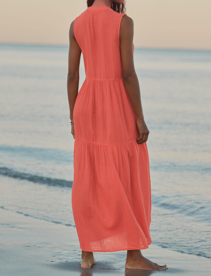 R.Vivimos 2026 Summer Cotton Maxi Dresses for Women Casual Sleeveless Button V Neck Tiered Loose Flowy Beach Long Dress