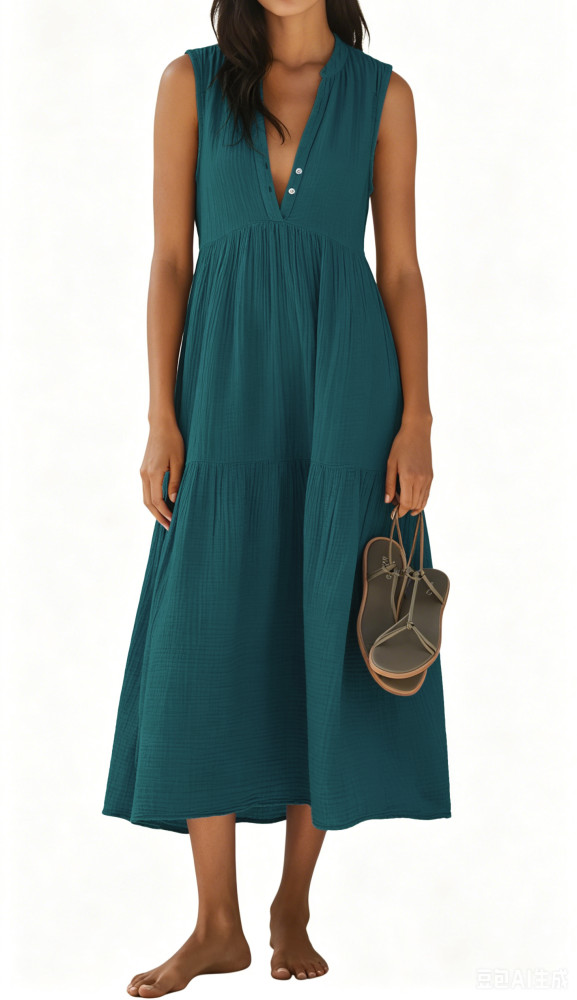 R.Vivimos 2026 Summer Cotton Maxi Dresses for Women Casual Sleeveless Button V Neck Tiered Loose Flowy Beach Long Dress