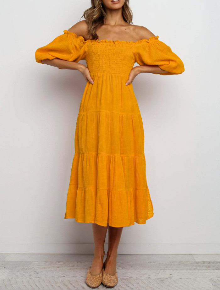 R.Vivimos Women's Summer Linen Lantern Sleeves Ruffled Off Shoulder A-Line Midi Dresses