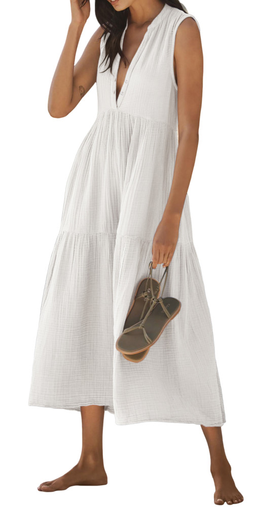 R.Vivimos 2026 Summer Cotton Maxi Dresses for Women Casual Sleeveless Button V Neck Tiered Loose Flowy Beach Long Dress