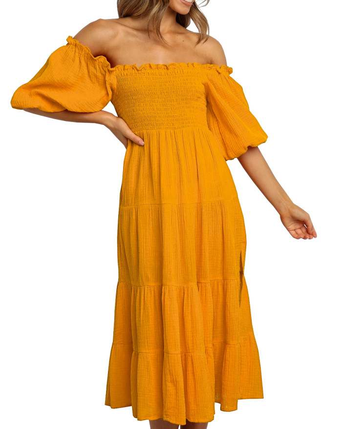 R.Vivimos Women's Summer Linen Lantern Sleeves Ruffled Off Shoulder A-Line Midi Dresses