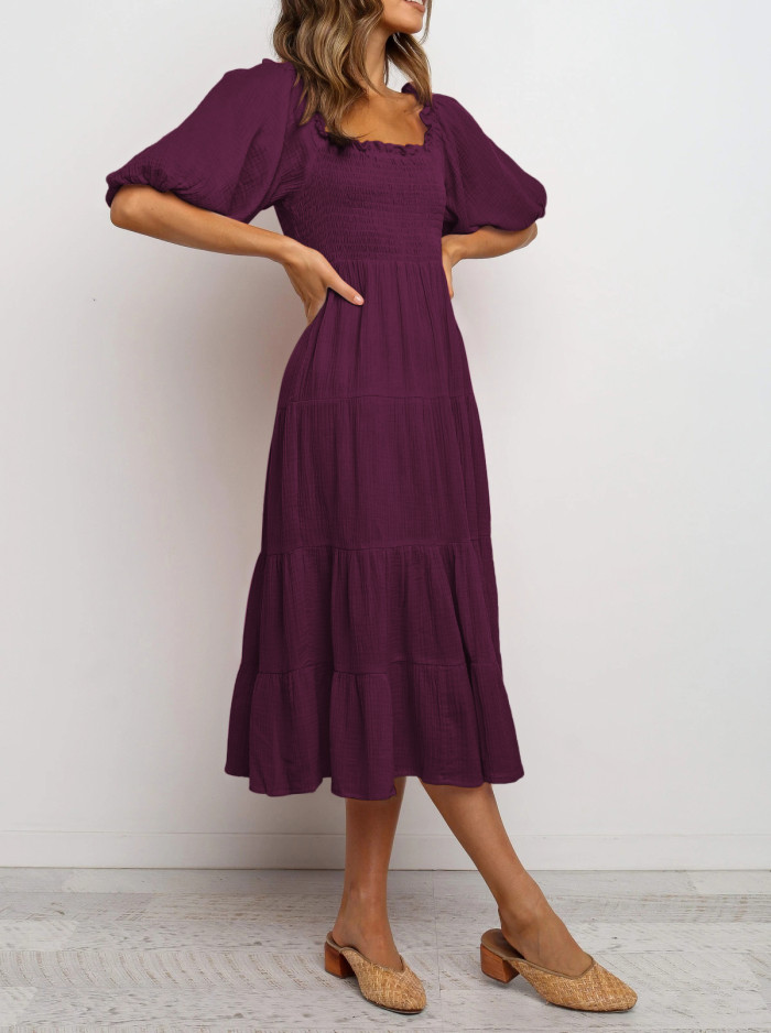 R.Vivimos Women's Summer Linen Lantern Sleeves Ruffled Off Shoulder A-Line Midi Dresses