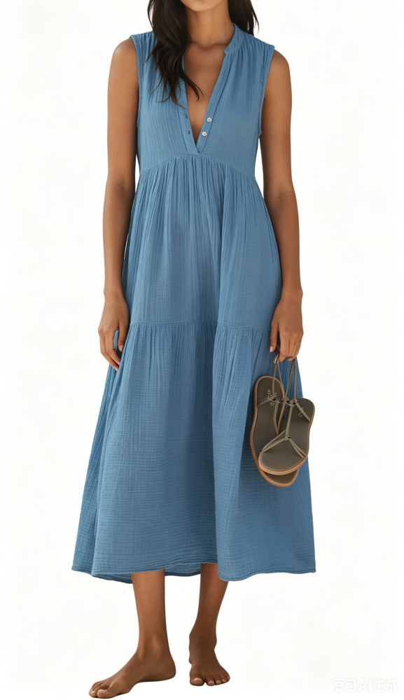 R.Vivimos 2026 Summer Cotton Maxi Dresses for Women Casual Sleeveless Button V Neck Tiered Loose Flowy Beach Long Dress