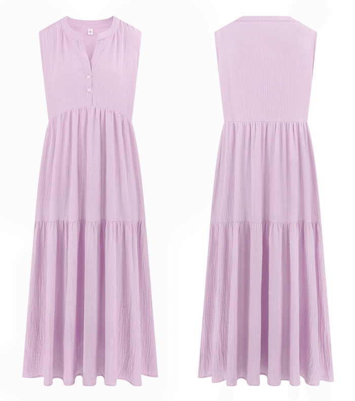 R.Vivimos 2026 Summer Cotton Maxi Dresses for Women Casual Sleeveless Button V Neck Tiered Loose Flowy Beach Long Dress