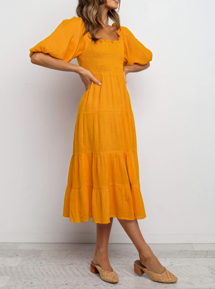 R.Vivimos Women's Summer Linen Lantern Sleeves Ruffled Off Shoulder A-Line Midi Dresses
