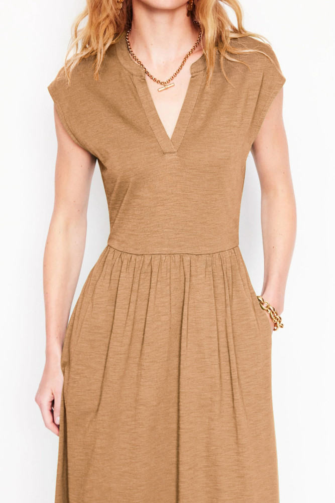 R.Vivimos Women's Summer 2026 Cotton Cap Sleeve V Neck Empire Waist Casual Midi Dress with Pockets