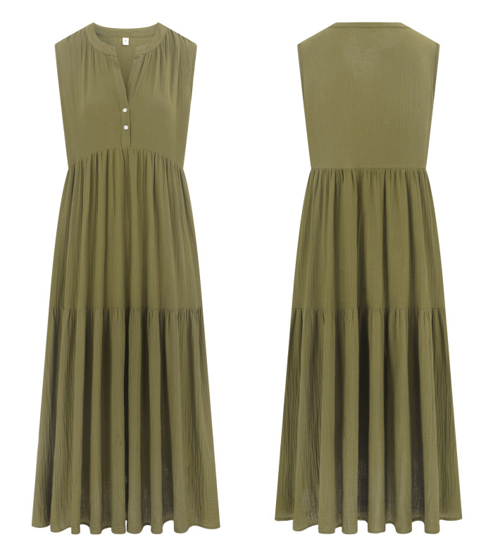 R.Vivimos 2026 Summer Cotton Maxi Dresses for Women Casual Sleeveless Button V Neck Tiered Loose Flowy Beach Long Dress