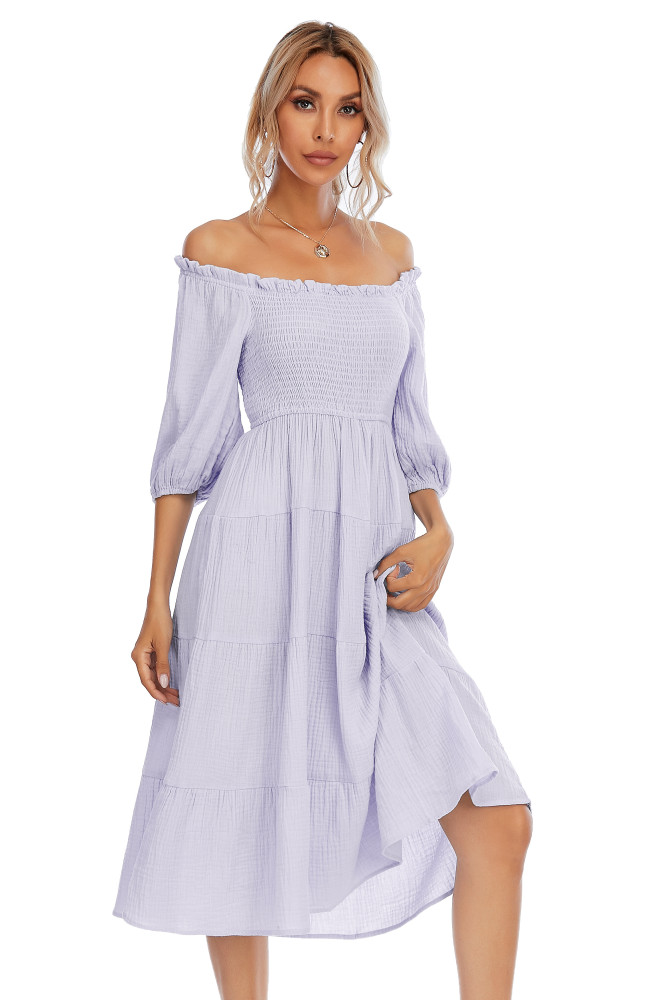 R.Vivimos Women's Summer Linen Lantern Sleeves Ruffled Off Shoulder A-Line Midi Dresses