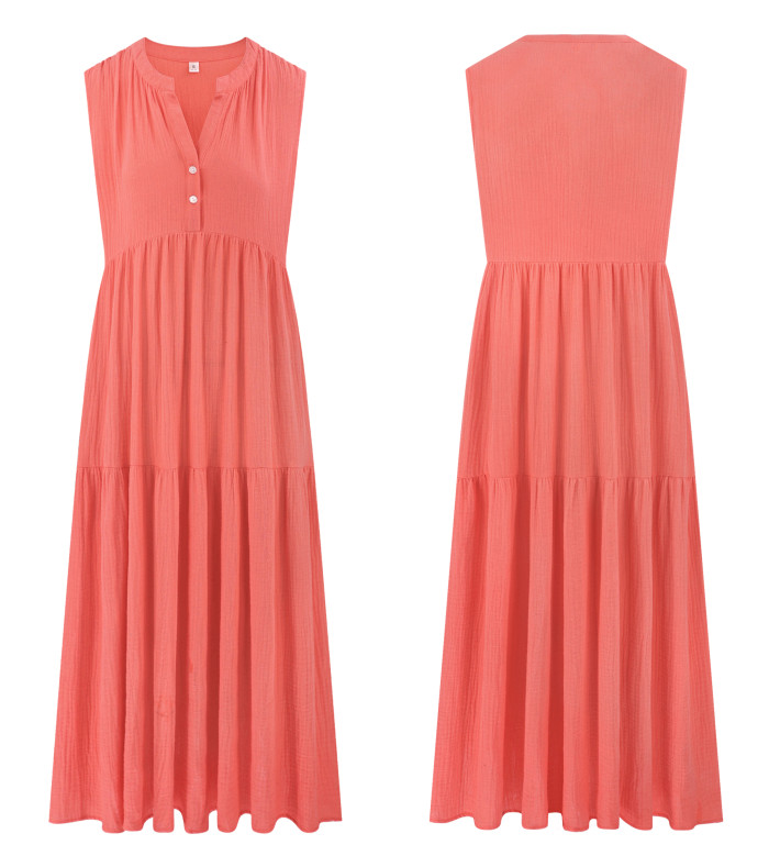 R.Vivimos 2026 Summer Cotton Maxi Dresses for Women Casual Sleeveless Button V Neck Tiered Loose Flowy Beach Long Dress