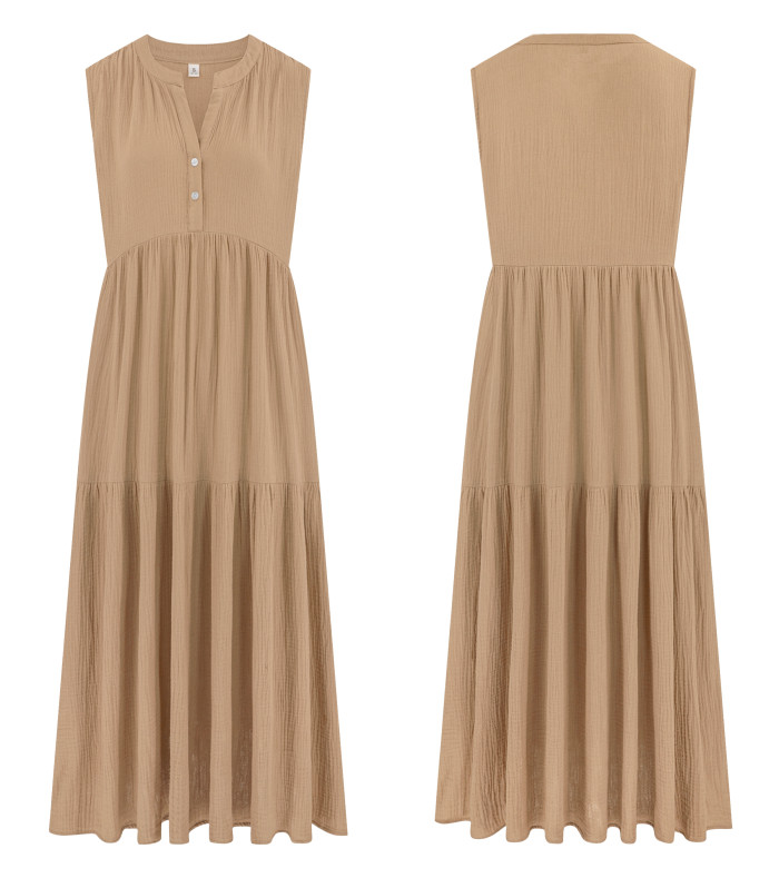 R.Vivimos 2026 Summer Cotton Maxi Dresses for Women Casual Sleeveless Button V Neck Tiered Loose Flowy Beach Long Dress