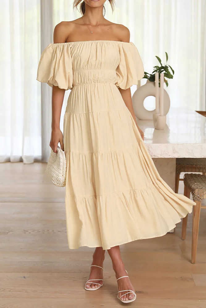 R.Vivimos Off-Shoulder Dresses for Women Summer Puff Sleeve Empire Waist  Casual Ruffle A-Line