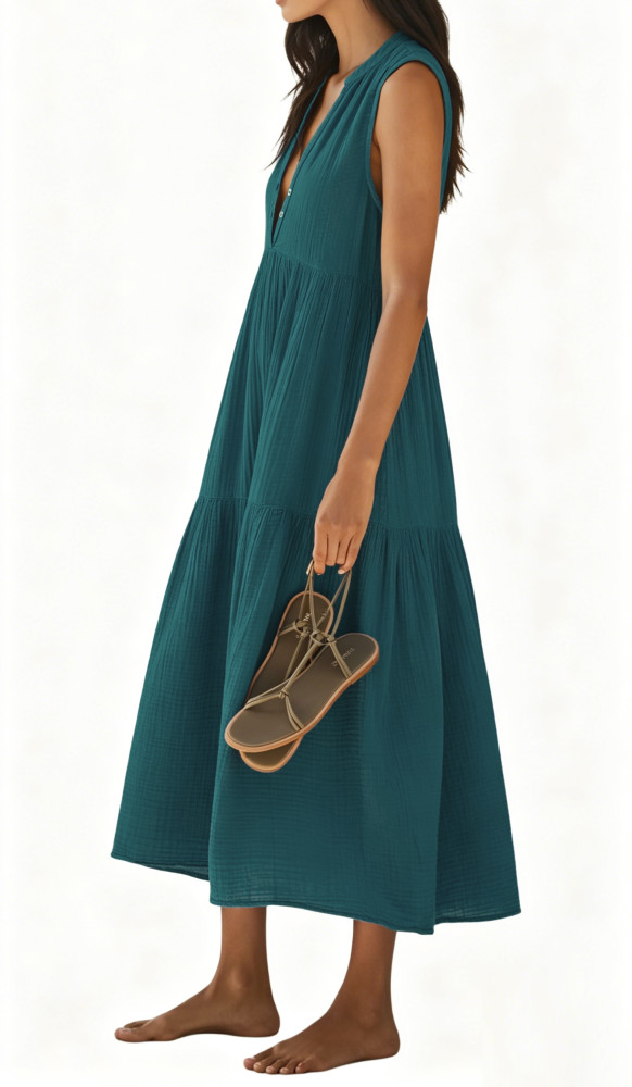R.Vivimos 2026 Summer Cotton Maxi Dresses for Women Casual Sleeveless Button V Neck Tiered Loose Flowy Beach Long Dress