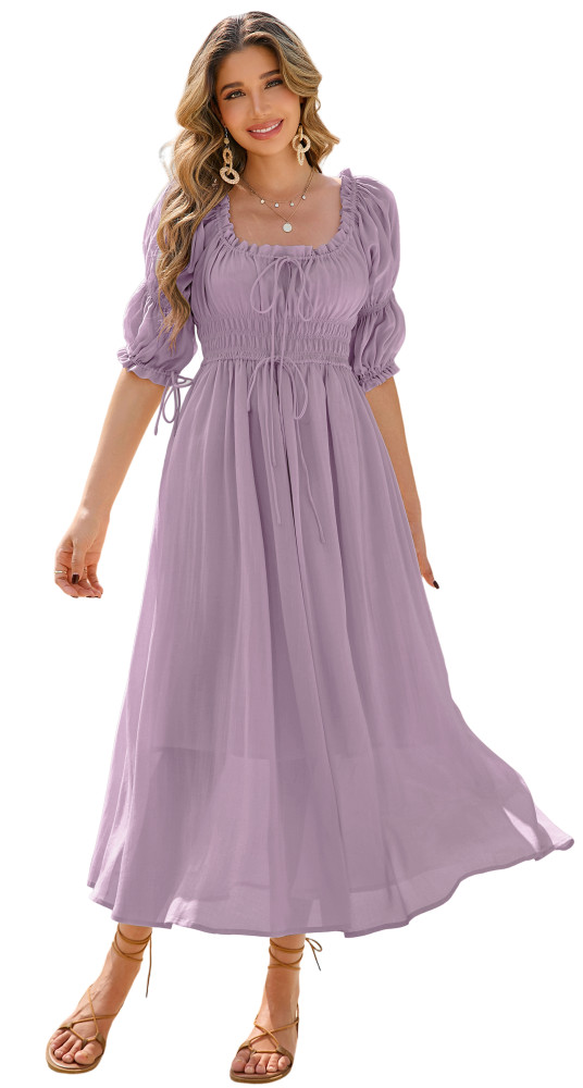 R.Vivimos Women's Summer Square Neck Midi Dress 2025 Casual Puff Half Sleeve Elastic Empire Waist Boho Flowy Long Dresses